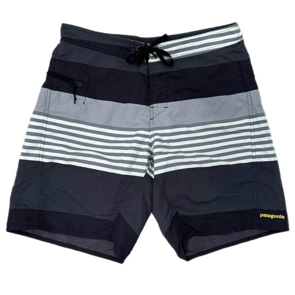 Patagonia Mens Board Shorts Size 34 Grey Black Striped Swim Trunks Beachwear